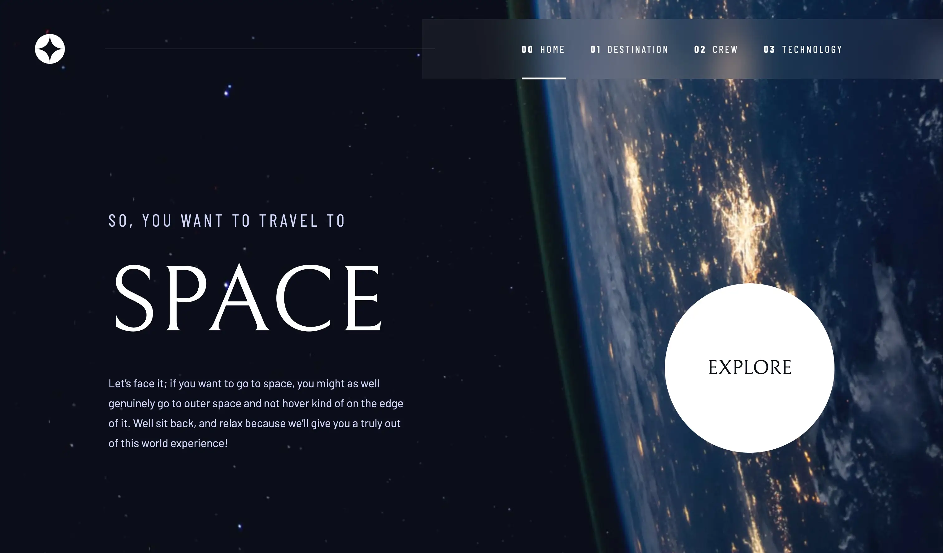 Landing page of a space travel company with links to navigate and a button to further explore.