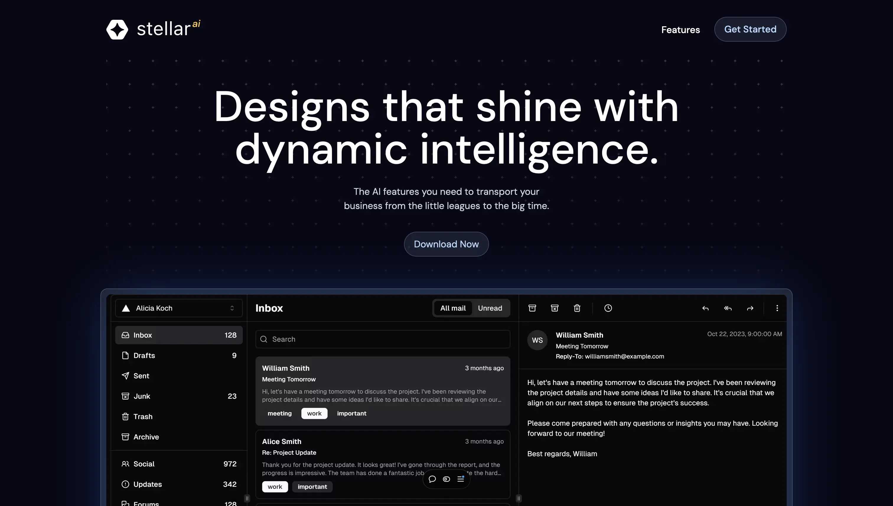 A dark landing page with big white text introducing the StellarAI company.